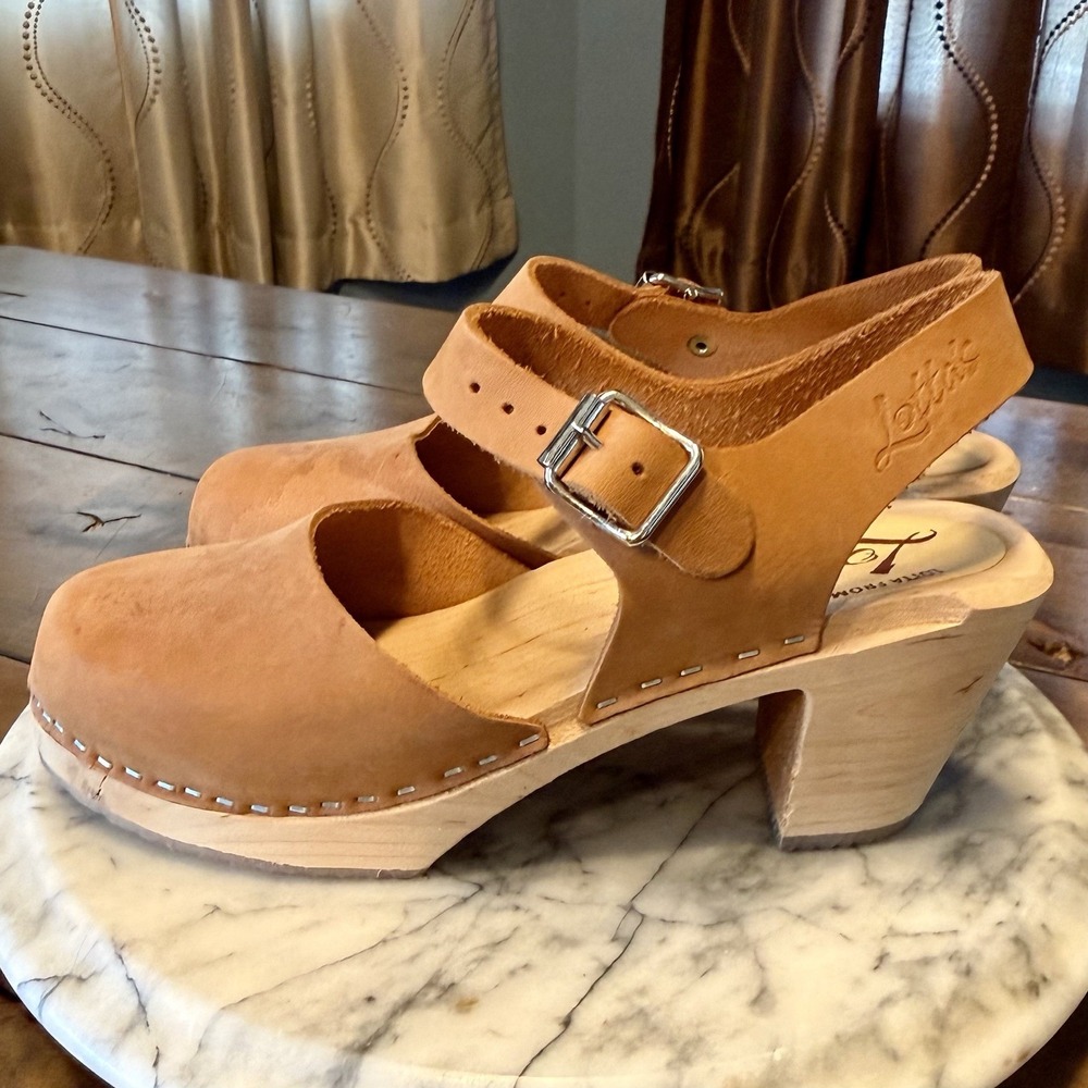 NEW Lotta from Stockholm Tan Wood Wooden Clog Sandals Leather Buckle Strap EU 38 - Picture 3 of 8